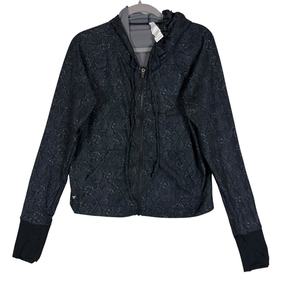 Fabletics Jacket Womens Medium Black Hooded Snake Print Thumbholes Windbreaker